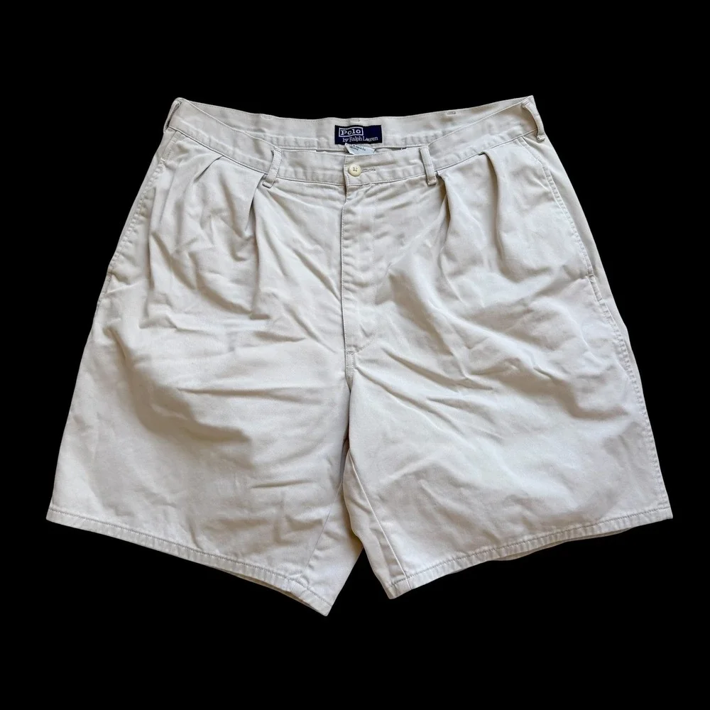 90's Polo Ralph Lauren Andrew Shorts Sz 36 Tan‎ Khaki Pleated Chino 9 Inseam